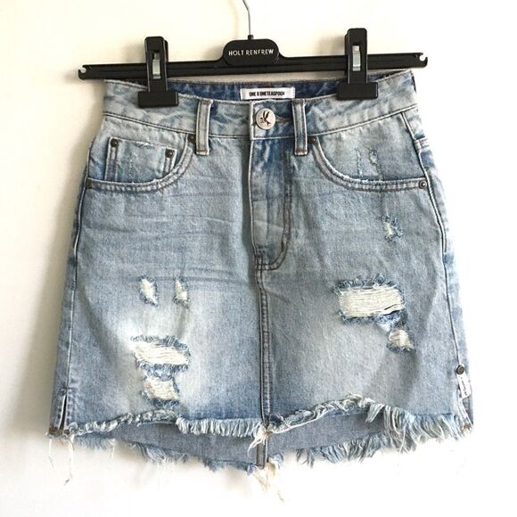 ONE TEASPOON High Waisted Denim Jean Mini Skirt Distressed Raw Hem Blue 23 - Picture 2 of 5